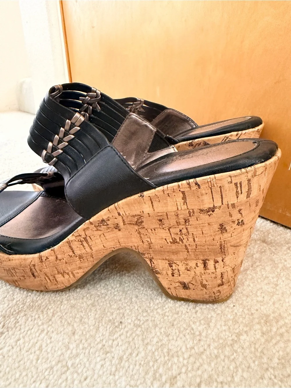 croft & barrow Black Leather Cork Wedge Slide Sandals